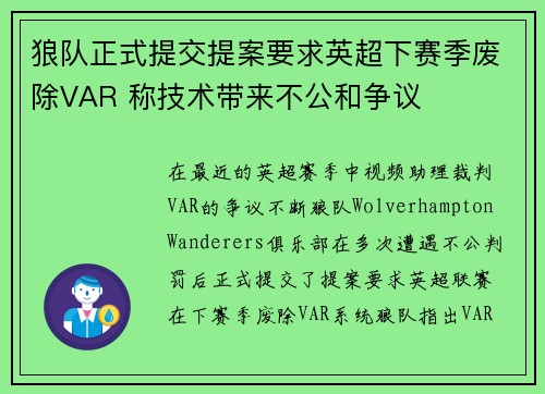 狼队正式提交提案要求英超下赛季废除VAR 称技术带来不公和争议